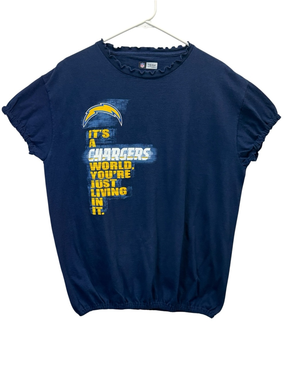 NFL Chargers Navy Ruffle Sleeve Graphic Tee
Size L